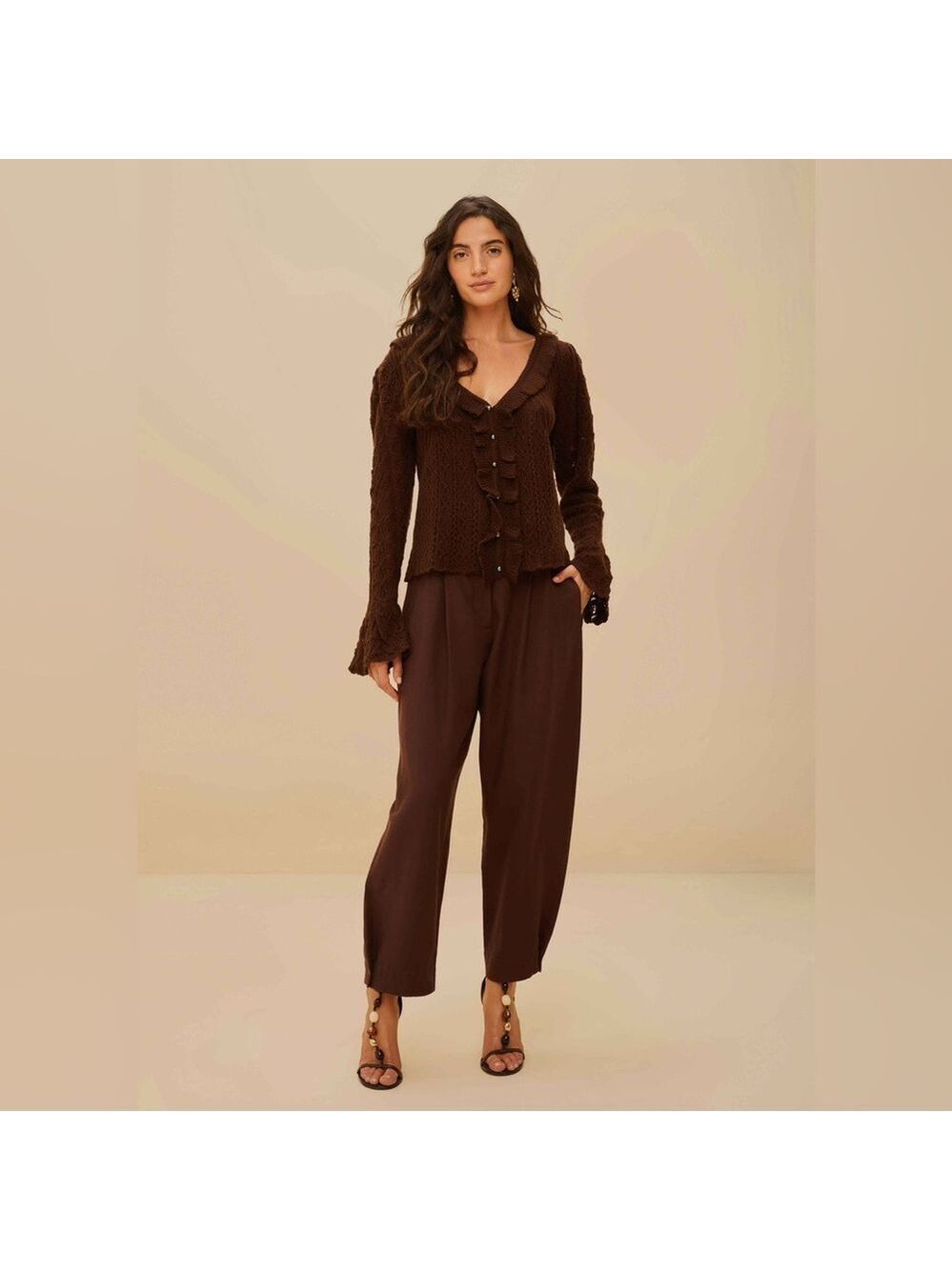 Farm Rio Lace Stitch Knit Ruffles Cardigan